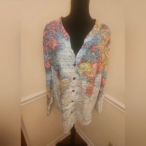 Misslook XL Women's WORLD MAP SHIRT V Neck Travel globe button front Sz 2XL